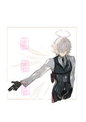 Rule 34 | 1boy, arknights, black gloves, black pants, closed eyes, collared shirt, commentary, cropped legs, detached wings, energy wings, enforcer (arknights), english commentary, finger gun, gloves, green necktie, green vest, grey hair, hair over one eye, halo, highres, holster, id card, long sleeves, male focus, necktie, outstretched arm, pants, pipidan, shirt, short hair, shoulder holster, simple background, smile, solo, upper body, vest, white background, white shirt, wings