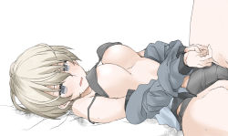 Rule 34 | 1girl, bed sheet, black bra, black panties, blue eyes, blue jacket, blush, bra, breasts, clothes pull, commentary, crotch seam, elf (stroll in the woods), empty eyes, girls und panzer, half-closed eyes, implied sex, jacket, jacket pull, keizoku military uniform, long sleeves, looking to the side, lying, medium breasts, on back, on bed, open mouth, panties, short hair, silver hair, solo, spread legs, sweat, textless version, underwear, white background, youko (girls und panzer)