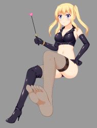 Rule 34 | 1girl, blonde hair, blue eyes, blush, boots, breasts, cleavage, elbow gloves, feet, fishnets, foot focus, gloves, hand on own hip, long hair, pov, riding crop, shoes, unworn shoes, single shoe, sitting, smile, soles, toes, twintails