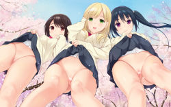 Rule 34 | 3girls, black hair, black skirt, blonde hair, blue sky, blush, brown eyes, brown hair, censored, cherry blossoms, cleft of venus, closed mouth, clothes lift, convenient censoring, day, from below, green eyes, lifted by self, long hair, long sleeves, looking at viewer, looking down, multiple girls, n.g., neckerchief, no panties, open mouth, original, outdoors, petals, pleated skirt, pussy, red eyes, red neckerchief, school uniform, shirt, short hair, skirt, skirt lift, sky, sleeves past wrists, smile, standing, sweater, tree, twintails, upskirt, white shirt
