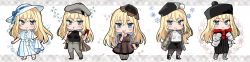 Rule 34 | 1girl, alternate costume, bismarck (kancolle), black dress, black headwear, black skirt, blonde hair, blue eyes, blush, brown dress, closed mouth, commission, dress, full body, grey pants, hair between eyes, hat, jacket, kantai collection, long hair, multiple views, open clothes, open jacket, open mouth, pants, pencil skirt, red scarf, ribbed sweater, scarf, short sleeves, skeb commission, skirt, smile, striped clothes, striped dress, sweater, vertical-striped clothes, vertical-striped dress, white dress, white headwear, white jacket, white sweater, yunamaro