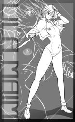 Rule 34 | 1girl, breasts, capelet, eternal melody, fingerless gloves, gloves, hassaku (rapidangel), holding, knife, large breasts, lila maim, looking at viewer, lowres, monochrome, navel, nipples, panties, salute, shoes, short hair, smile, standing, topless, underwear