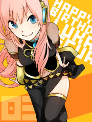 Rule 34 | 1girl, belt, blue eyes, character name, detached sleeves, from above, happy birthday, headphones, highres, koyubi right, long hair, looking at viewer, megurine luka, navel, pink hair, skirt, smile, solo, thighhighs, vocaloid