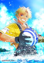 Rule 34 | 1boy, ayukichi215, belt, black belt, black gloves, blitzball, blonde hair, blue eyes, blue sky, final fantasy, final fantasy x, gloves, grin, highres, jacket, jewelry, looking at viewer, male focus, necklace, short hair, sky, smile, solo, tan, tidus, twitter username, wading, yellow jacket