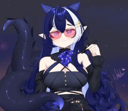 Rule 34 | 1girl, absurdres, black background, blue eyes, blue hair, breasts, cleavage, closed mouth, commentary, dated, english commentary, glasses, hair horns, highres, holding, holding pen, indie virtual youtuber, large breasts, looking at viewer, moon (anntan), multicolored hair, natch imaycz, pen, pink-tinted eyewear, pointy ears, signature, simple background, smile, solo, streaked hair, tentacles, tinted eyewear, two-tone hair, upper body, virtual youtuber, white hair