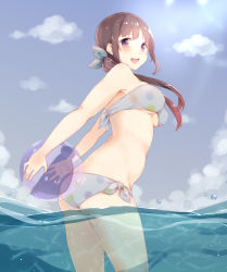 Rule 34 | 1girl, :d, ass, ball, bandeau, bare shoulders, beachball, bikini, blue bikini, blush, bow, breasts, brown hair, day, from side, hair bow, highres, holding, holding ball, long hair, looking at viewer, looking back, low twintails, manatsuki manata, medium breasts, ocean, open mouth, original, outdoors, polka dot, polka dot bikini, purple eyes, side-tie bikini bottom, sidelocks, smile, solo, swimsuit, tareme, teeth, thighs, twintails, underboob, unmoving pattern, wading, water