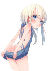 Rule 34 | 1girl, ass, backless outfit, bare back, blonde hair, blue sweater, blush, butt crack, closed mouth, cowboy shot, embarrassed, highres, long hair, looking at viewer, mankun, meme attire, moriya suwako, no headwear, no headwear, solo, sweater, touhou, turtleneck, turtleneck sweater, virgin killer sweater