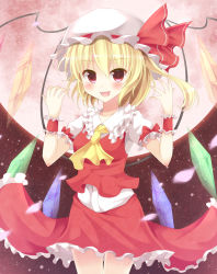 Rule 34 | 1girl, aibumi, ascot, bad id, bad pixiv id, blonde hair, blush, fang, female focus, flandre scarlet, hat, hat ribbon, highres, open mouth, pen-zin, red eyes, ribbon, short hair, side ponytail, skirt, solo, touhou, wings