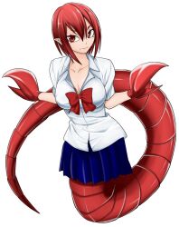 Rule 34 | blue skirt, blush, breasts, claws, cleavage, highres, ksk horikawa, lamia, large breasts, looking at viewer, monster girl, pointy ears, red eyes, red hair, school uniform, shirt, short hair, skirt, white shirt