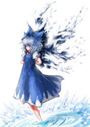 Rule 34 | 2b-ge, arms behind back, blue bow, blue dress, blue eyes, blue hair, bow, cirno, closed mouth, dress, floating, hair bow, highres, ice, ice wings, looking at viewer, one-hour drawing challenge, puffy short sleeves, puffy sleeves, red neckwear, shirt, short hair, short sleeves, solo, touhou, wavy hair, white shirt, wings