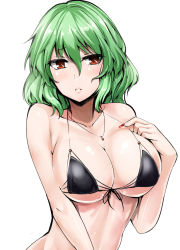 Rule 34 | 1girl, alternate costume, bikini, black bikini, breasts, cleavage, commentary request, front-tie bikini top, front-tie top, green hair, halterneck, highres, jewelry, kazami yuuka, large breasts, looking at viewer, micro bikini, nail polish, necklace, parted lips, red eyes, red nails, short hair, simple background, solo, swimsuit, touhou, underboob, upper body, white background, y2