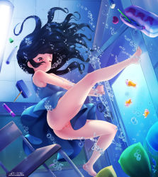 Rule 34 | 1girl, anus, ass, bad id, bad pixiv id, bare arms, bare shoulders, barefoot, black hair, blue dress, born-to-die, breasts, bubble, ceiling, chair, chalkboard, cleft of venus, closed mouth, dress, eraser, feet, female focus, fish, fluorescent lamp, heart, highres, holding breath, indoors, long hair, marker, no bra, no panties, one eye closed, original, pencil, pencil case, pink eyes, pussy, sideboob, sitting, small breasts, solo, uncensored, underwater