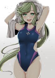 Rule 34 | 1girl, :d, arm up, armpits, blush, breasts, collarbone, commentary request, competition swimsuit, covered navel, cowboy shot, goten (510gensoku), gradient background, green eyes, green hair, grimoire ~shiritsu grimoire mahou gakuen~, hattori azusa, highres, long hair, looking at viewer, medium breasts, one-piece swimsuit, open mouth, ponytail, smile, solo, sparkle, swimsuit, thigh gap, towel, towel on head, very long hair, water drop, wet