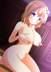Rule 34 | 1girl, blonde hair, breasts, female focus, gochuumon wa usagi desu ka?, groin, hair ornament, hairclip, heart, heart-shaped pupils, highres, hoto cocoa, inverted nipples, kneeling, large breasts, looking at viewer, naruse mai, nipples, nude, aged up, purple eyes, smile, solo, symbol-shaped pupils, wooden floor