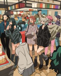 4boys 6+girls ashido_mina asui_tsuyu bakugou_katsuki black_choker black_jacket black_pants blonde_hair blue_jacket blue_pants blunt_bangs boku_no_hero_academia boots brown_hair choker colored_skin crop_top double_bun green_hair grey_leg_warmers hagakure_tooru hair_bun highres indoors invisible jacket jirou_kyouka leg_warmers midoriya_izuku multiple_boys multiple_girls open_mouth pants pink_hair pink_skin ponytail satou_rikidou shop sidelocks single_sidelock skirt smile spiked_hair sweater takeuchi_ryousuke todoroki_shouto toga_himiko turtleneck uraraka_ochako yaoyorozu_momo