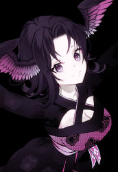 Rule 34 | 1girl, aoi sakurako, arms up, black background, black hair, black skirt, breasts, cleavage, closed mouth, commentary, feathered wings, floral print, grey eyes, head wings, highres, long hair, looking at viewer, medium breasts, original, outstretched arms, parted bangs, pink wings, simple background, skirt, smile, solo, symbol-only commentary, wings