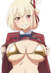 Rule 34 | 1girl, bad hands, bikini, blonde hair, blue ribbon, blush, bob cut, breasts, clothes pull, gold bikini, grin, hair ribbon, highres, large breasts, looking at viewer, lycoris recoil, lycoris uniform, mibushiro, neck ribbon, nishikigi chisato, one side up, open clothes, pulled by self, red eyes, red ribbon, ribbon, short hair, simple background, skindentation, small hands, smile, solo, swimsuit, teeth, upper body, white background