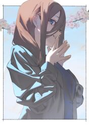 Rule 34 | 1girl, blue eyes, branch, brown hair, cherry blossoms, from side, go-toubun no hanayome, hair between eyes, jacket, long hair, long hair between eyes, long sleeves, looking at viewer, looking to the side, mi8pq, nakano miku, open clothes, open jacket, parted lips, simple background, smile, solo, steepled fingers, sweater, upper body
