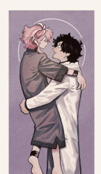 Rule 34 | 2boys, 79x (ox79xo), amayado rei, amemura ramuda, barefoot, black hair, blue eyes, eye contact, face-to-face, facial hair, height difference, highres, holding person, hospital gown, hypnosis mic, lab coat, looking at another, male focus, multiple boys, pink hair, short hair