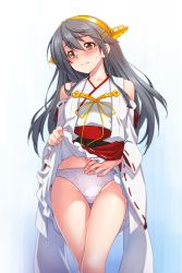 Rule 34 | 10s, 1girl, black hair, blurry, blush, brown eyes, clothes lift, crotch seam, depth of field, detached sleeves, embarrassed, hair between eyes, hair ornament, hairband, hairclip, hand on own stomach, haruna (kancolle), headgear, japanese clothes, kantai collection, kazuma muramasa, crossed legs, long hair, looking away, nontraditional miko, panties, skirt, skirt lift, solo, standing, thigh gap, thighs, underwear, white panties