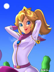 Rule 34 | 1girl, 555carpaccio, ?, arms behind head, arms up, belt, biker clothes, biker peach, bikesuit, blonde hair, blue eyes, blue sky, bodysuit, breasts, cactus, commentary, crown, day, eyelashes, gem, gloves, hair between eyes, highres, hot, jewelry, lips, looking at viewer, mario (series), nintendo, outdoors, ponytail, princess peach, racing suit, scarf, sidelocks, signature, sky, small breasts, smile, spoken question mark, steam, steaming body, sun, sweat, the super mario bros. movie, zipper