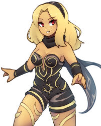 Rule 34 | 1girl, blonde hair, blush, breasts, cleavage, commission, d-floe, gravity daze, grin, hairband, highres, kitten (gravity daze), large breasts, long hair, looking at viewer, parted lips, red eyes, smile, solo, tan, teeth