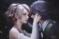 Rule 34 | 10s, 1boy, 1girl, 2016, blonde hair, blue eyes, blue hair, bridal gauntlets, bride, collared shirt, couple, dao trong le, dated, dress, eye contact, eyelashes, face-to-face, final fantasy, final fantasy xv, formal, hand on another&#039;s cheek, hand on another&#039;s face, highres, imminent kiss, jewelry, lips, looking at another, lunafreya nox fleuret, necklace, no pupils, noctis lucis caelum, parted bangs, profile, ring, shell, shell necklace, shirt, short hair, signature, silver hair, spoilers, strapless, strapless dress, suit, upper body, wedding, wedding band, wedding dress, white dress, white shirt