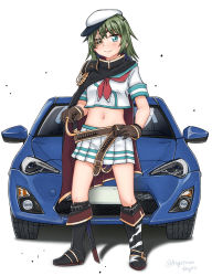 Rule 34 | 1girl, armor, asymmetrical footwear, black footwear, black gloves, blue eyes, boots, cape, car, commission, cutlass, eyepatch, full body, gloves, green hair, hat, highres, kantai collection, kiso (kancolle), kiso kai ni (kancolle), looking at viewer, midriff, mismatched footwear, motor vehicle, neckerchief, onguuchi, pauldrons, pleated skirt, red neckerchief, sailor hat, school uniform, serafuku, short hair, shoulder armor, simple background, single pauldron, skeb commission, skirt, solo, standing, toyota 86, uneven footwear, white background, white hat, white skirt