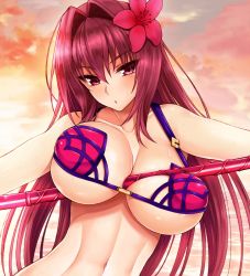 Rule 34 | 1girl, bare shoulders, beach, between breasts, bikini, breasts, cleavage, cloud, cocq taichou, collarbone, fate/grand order, fate (series), flower, gae bolg (fate), hair flower, hair intakes, hair ornament, hibiscus, highres, large breasts, long hair, looking at viewer, navel, open mouth, outdoors, polearm, puckered lips, purple hair, red bikini, red eyes, scathach (fate), scathach (fate/grand order), scathach (swimsuit assassin) (fate), solo, spear, swimsuit, twilight, unaligned breasts, upper body, water, weapon