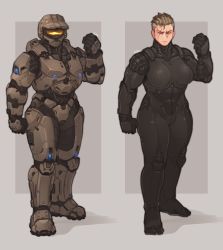 Rule 34 | 1girl, armor, bodysuit, breasts, commentary, english commentary, full body, halo (series), helmet, highres, justrube, looking at viewer, muscular, muscular female, original, power armor, scar, scar across eye, short hair, signature, spartan (halo), thighs, two-tone background, variations
