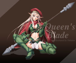 Rule 34 | 00s, 1girl, alleyne (queen&#039;s blade), alleyne (queen's blade), beret, blonde hair, blue eyes, blush, boots, braid, breasts, cape, cleavage, elbow gloves, elf, fighting master alleyne, gloves, green footwear, hat, large breasts, long hair, midriff, pointy ears, polearm, queen&#039;s blade, side braid, solo, staff, takatan, thigh boots, thighhighs, weapon