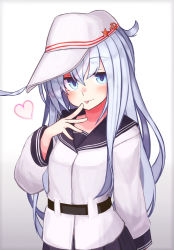 Rule 34 | 1girl, belt, blue eyes, blush, flat cap, grey background, hair between eyes, hammer and sickle, hat, heart, hibiki (kancolle), highres, kantai collection, long hair, long sleeves, pleated skirt, reitou mikan, sailor collar, silver hair, simple background, skirt, solo, star (symbol), tongue, verniy (kancolle), white hat