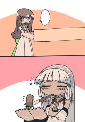 Rule 34 | ..., 10s, 2girls, 2koma, altera (fate), bad id, bad twitter id, bare shoulders, bow, comic, dark skin, dark-skinned female, dress, closed eyes, f7(eiki), fate/extella, fate/extra, fate (series), flying sweatdrops, food, giant, giantess, green bow, kishinami hakuno (female), mouth hold, multiple girls, no nose, pocky, pocky kiss, shared food, silent comic, size difference, sketch, spoken ellipsis, white dress, yuri