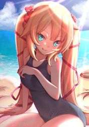 Rule 34 | 1girl, akai haato, alternate hairstyle, aqua eyes, bare arms, bare legs, bare shoulders, beach, blonde hair, blue one-piece swimsuit, breasts, eyelashes, grin, hair ornament, hair ribbon, heart, heart hair ornament, highres, hiva+, hololive, large breasts, long hair, looking at viewer, ocean, old school swimsuit, one-piece swimsuit, red ribbon, ribbon, school swimsuit, shade, sitting, skin tight, smile, solo, sunlight, swimsuit, twintails, very long hair, virtual youtuber, yokozuwari