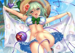 Rule 34 | :d, bikini, blue bikini, blue sky, blurry, blurry background, bow, bracelet, breasts, brown hat, cleavage, commentary request, flower, frilled bikini, frills, green bow, green eyes, green hair, hair flower, hair ornament, hat, heart, jewelry, komeiji koishi, komeiji koishi (the excited eyes of love), large breasts, leg up, lens flare, looking at viewer, open mouth, outdoors, outstretched arms, palm tree, parasol, plaid, plaid bikini, red flower, short hair, shounen (hogehoge), sky, smile, starfish, straw hat, swimsuit, teeth, third eye, touhou, touhou lostword, towel, tree, umbrella, upper teeth only, variant set