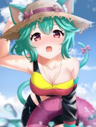 Rule 34 | 1girl, animal ears, bent over, blush, bow, cat ears, cat tail, embarrassed, fangs, green hair, hat, highres, indie virtual youtuber, inflatable raft, non-web source, pink bow, red eyes, rosedoodle (vtuber), short shorts, shorts, sun hat, tail, thigh gap, virtual youtuber