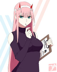 Rule 34 | 1girl, artist logo, blue eyes, breasts, clothing cutout, darling in the franxx, hiro (darling in the franxx), holding, horns, j adsen, long hair, long sleeves, looking at viewer, medium breasts, pink hair, ringed eyes, shoulder cutout, solo, upper body, very long hair, white background, zero two (darling in the franxx)