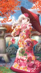 Rule 34 | 1girl, absurdres, arch, artist request, autumn, autumn leaves, blush, bridge, cloud, day, fate/kaleid liner prisma illya, fate (series), floral print, flower, from side, furisode, game cg, grass, hair flower, hair ornament, tucking hair, head tilt, highres, hill, holding, holding umbrella, illyasviel von einzbern, japanese clothes, kimono, long hair, looking at viewer, looking back, official art, oil-paper umbrella, outdoors, red eyes, river, smile, solo, standing, stone lantern, umbrella, water, white hair, wide sleeves, wind