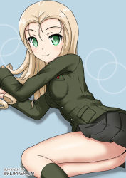 Rule 34 | 10s, 1girl, alternate costume, arm support, black skirt, black socks, blonde hair, blue background, breasts, circle, closed mouth, commentary, dated, drill hair, emblem, flipper, girls und panzer, green eyes, green jacket, jacket, legs, long hair, long sleeves, looking at viewer, lying, marie (girls und panzer), miniskirt, on side, one-hour drawing challenge, pleated skirt, pravda school uniform, school uniform, skirt, small breasts, smile, socks, solo, twitter username