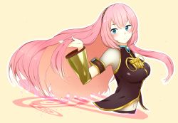 Rule 34 | 1girl, agonasubi, blue eyes, blush, breasts, closed mouth, detached sleeves, hand in own hair, highres, large breasts, long hair, md5 mismatch, megurine luka, navel, pink hair, resolution mismatch, simple background, sketch, solo, source smaller, upper body, very long hair, vocaloid