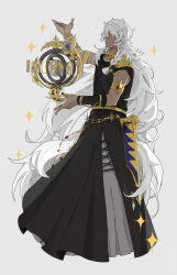 1boy astrolabe astrologian_(final_fantasy) black_nails black_robe braid chinese_commentary closed_mouth commentary_request crossover dark-skinned_male dark_skin fate/grand_order fate_(series) final_fantasy final_fantasy_xiv full_body grey_background half-closed_eyes highres jewelry long_hair male_focus multiple_rings nail_polish ring robe ruoyin side_braid simple_background sleeveless sleeveless_robe smile solo solomon_(fate) sparkle standing thumb_ring very_long_hair white_hair