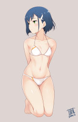 Rule 34 | 10s, 1girl, arms behind back, artist logo, barefoot, bikini, blue hair, breasts, darling in the franxx, dated, full body, gluteal fold, green eyes, grey background, honda naoki, ichigo (darling in the franxx), kneeling, looking to the side, short hair, simple background, small breasts, solo, swimsuit, white bikini
