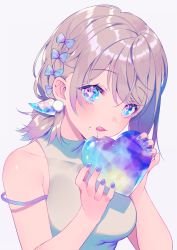 Rule 34 | 1girl, achiki, bare arms, bare shoulders, blue bow, blue eyes, blue nails, bow, bra strap, braid, breasts, collarbone, commentary request, earrings, fingernails, hair bow, heart, heart-shaped pupils, holding, jewelry, large breasts, looking at viewer, multi-tied hair, multicolored eyes, nail polish, original, shirt, short hair, silver hair, sleeveless, sleeveless shirt, solo, strap slip, symbol-shaped pupils, tongue, tongue out, upper body, white shirt