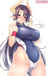 Rule 34 | 1girl, akatsuki francesca, artist name, bad id, bad twitter id, blush, breasts, competition swimsuit, covered erect nipples, demon girl, horns, huge breasts, jpeg artifacts, long hair, mel/a, one-piece swimsuit, open mouth, original, pointy ears, red eyes, simple background, solo, swimsuit, towel, white background, wide hips, wristband