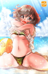 Rule 34 | 1girl, absurdres, akiyama yukari, anglerfish, artist logo, ball, barefoot, beach, beachball, bikini, blue sky, breasts, camouflage, camouflage bikini, clothes lift, cloud, cloudy sky, commentary request, commission, day, emblem, fish, girls und panzer, green bikini, groin, highres, horizon, lifting own clothes, looking at viewer, medium breasts, messy hair, navel, ocean, open mouth, outdoors, partial commentary, pixiv commission, shirt, shirt lift, short hair, short sleeves, sitting, sky, smile, solo, sparkle, spread legs, string bikini, swimsuit, t-shirt, takecho, underboob, undressing, wariza, white shirt