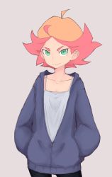 Rule 34 | 10s, 1girl, amanda o&#039;neill, camisole, eds, flat chest, green eyes, highres, hood, hoodie, little witch academia, orange hair, short hair, simple background, smile, solo, spaghetti strap