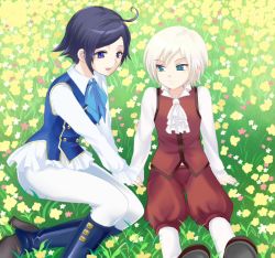 Rule 34 | 1boy, 1girl, ash crimson, blue hair, boots, child, couple, elisabeth blanctorche, flower, grass, green eyes, hip focus, knees, legs, oginy, outdoors, purple eyes, shoes, short hair, sitting, smile, snk, the king of fighters, white hair