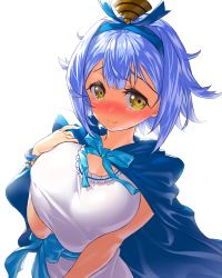 Rule 34 | 1girl, arges (destiny child), blue cape, blue hair, blue ribbon, blush, breasts, breasts squeezed together, cape, closed mouth, commentary request, destiny child, dress, hair ornament, hairband, hand up, large breasts, looking at viewer, neck ribbon, nose blush, onsoku inu, ribbon, sash, simple background, smile, solo, upper body, white background, white dress, wristband, yellow eyes