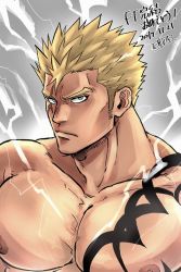 Rule 34 | 1boy, bara, blonde hair, blue eyes, chun (luxtan), cropped torso, fairy tail, large pectorals, laxus dreyar, lightning, looking at viewer, male focus, muscular, nipples, pectorals, scar, topless male, short hair, sideburns, solo, tattoo, upper body