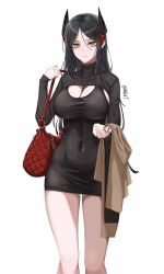 Rule 34 | 1girl, absurdres, alternate costume, arknights, bag, black dress, black hair, breasts, cleavage, commentary, covered navel, dress, feet out of frame, handbag, highres, horns, ines (arknights), jewelry, large breasts, long hair, long sleeves, mildt, pencil dress, pendant, short dress, shrug (clothing), solo, standing, thighs, turtleneck, very long hair, yellow eyes